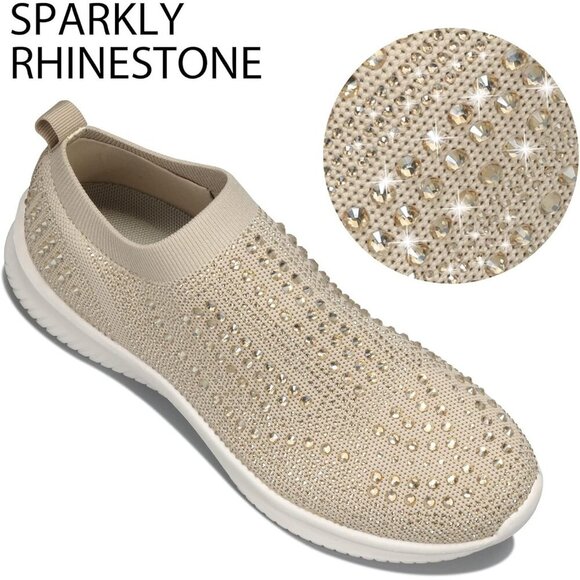 🆕 Women's Rhinestone Mesh Slip-On Walking Shoes Fashion Sneaker Beige Fabric - Picture 2 of 8